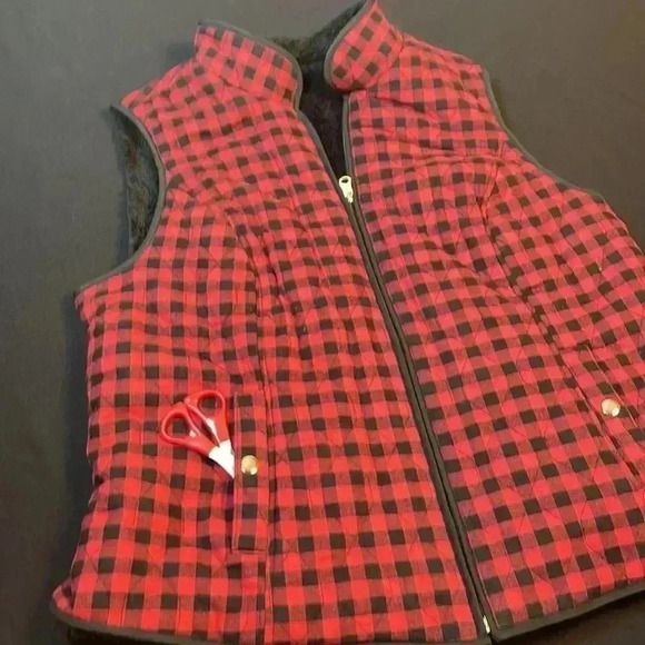 Croft & Barrow women high collar zipper closure reversible Sherpa buffalo print - Picture 4 of 9